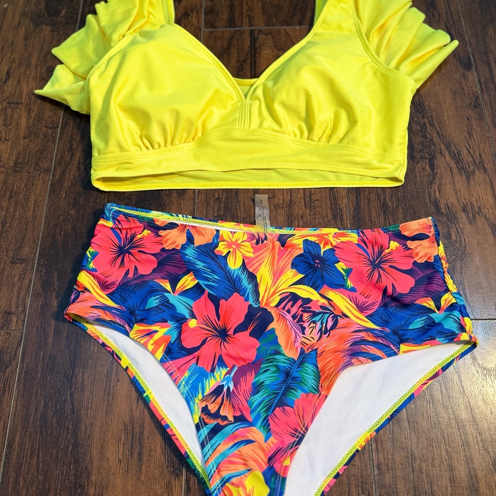 Vibrant Yellow and Floral Kids Swim Set